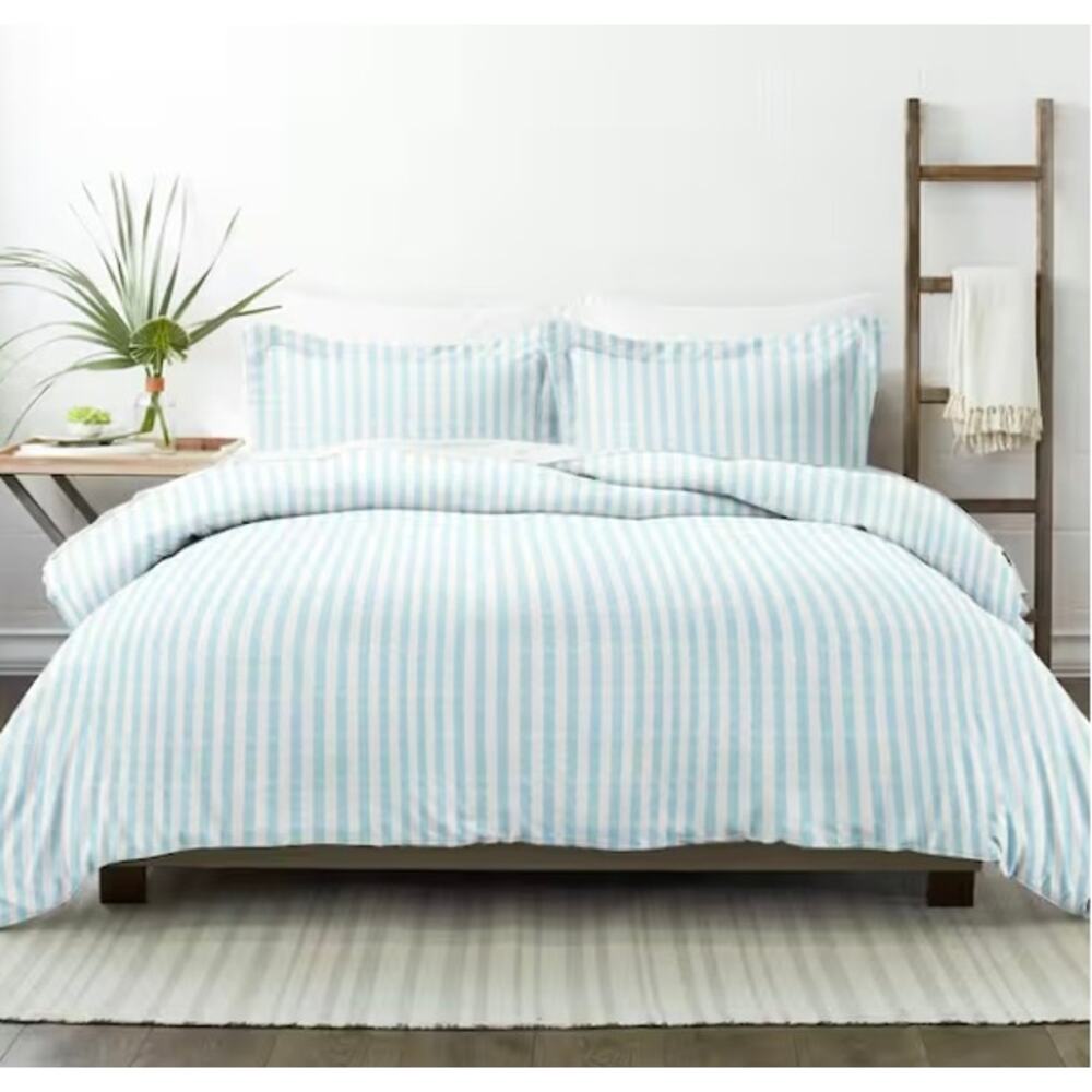 Becky Cameron Rugged Stripes 3-Pc Duvet Cover Set Full/Queen Aqua Blue White NWT